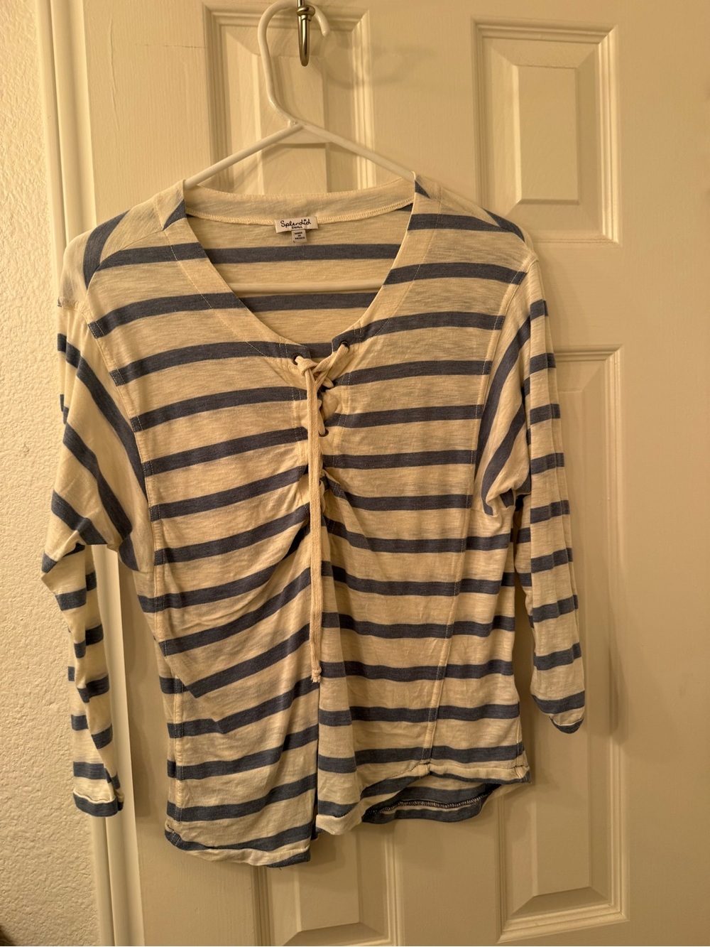 Splendid Blue and Cream Striped Lace-Up Long Sleeve Top